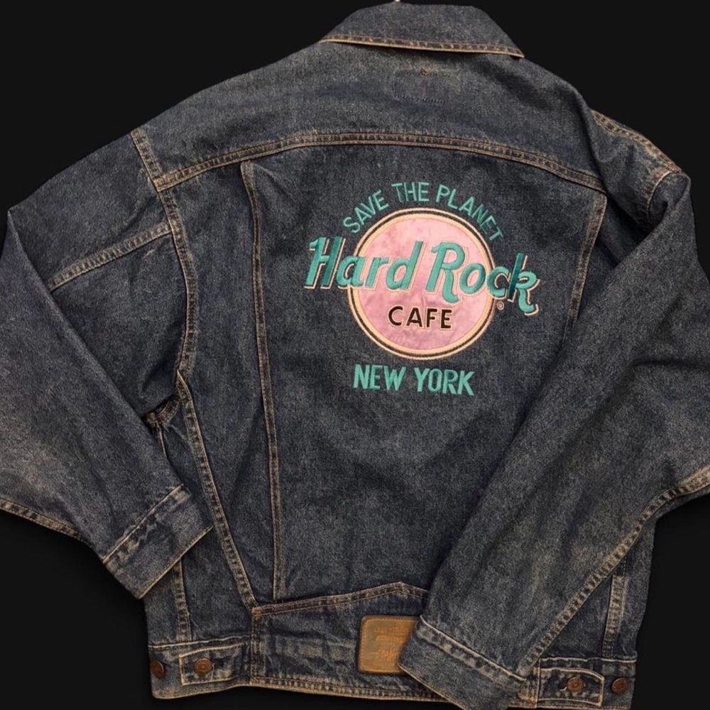 Vintage Levi’s Hard Rock Cafe Denim Jacket with Pink & Teal Back Logo